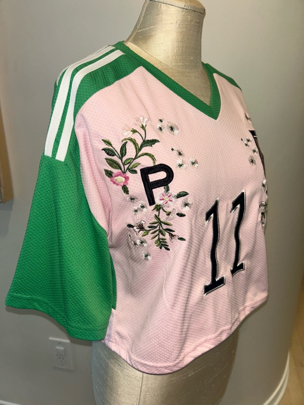 AKIRA Embroidered Pink & Green Athletic Jersey Top